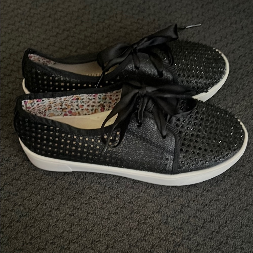 De Blossom Collection Black and White Sneakers with Perforated Design
